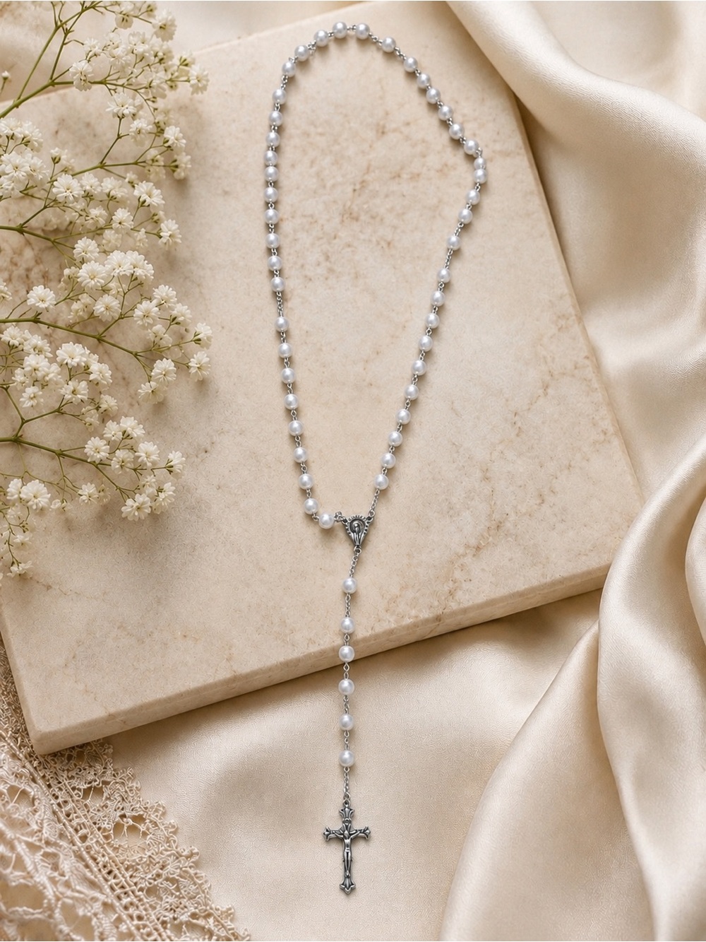 White Pearl Bead Catholic Rosary Necklace Silver Tone Crucifix Prayer Beads New